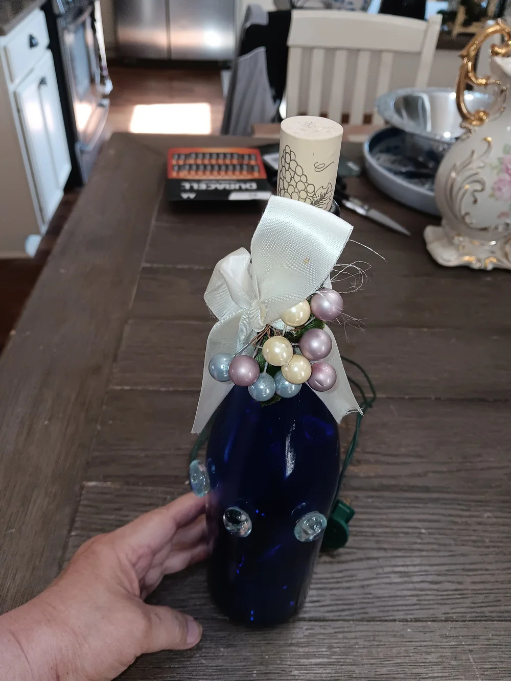 Decorative Cobalt Blue Glass Bottle with Pastel Bead Accent and Bow -lights Up